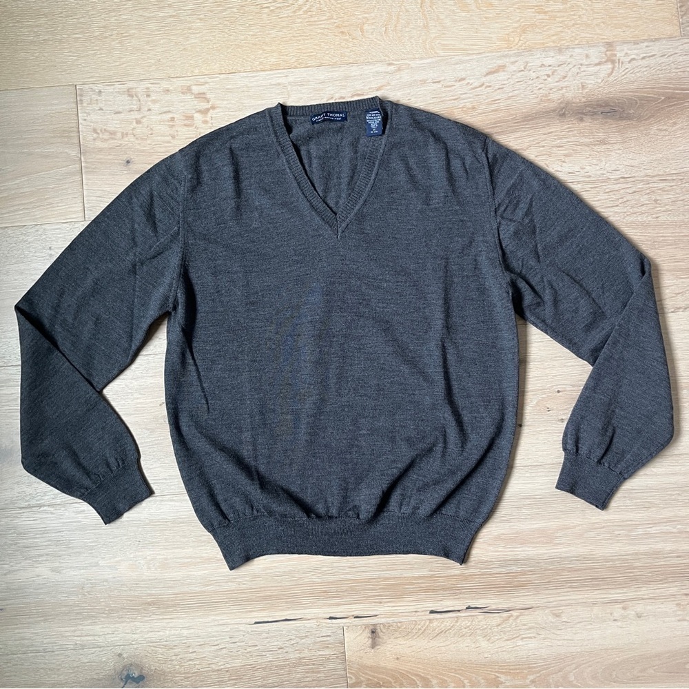 Grant Thomas Men’s Wool V-Neck Sweater Charcoal Gray Woolmark  Fit Sz M *F23